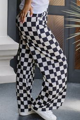 Black Checker Print Wide Leg Pants